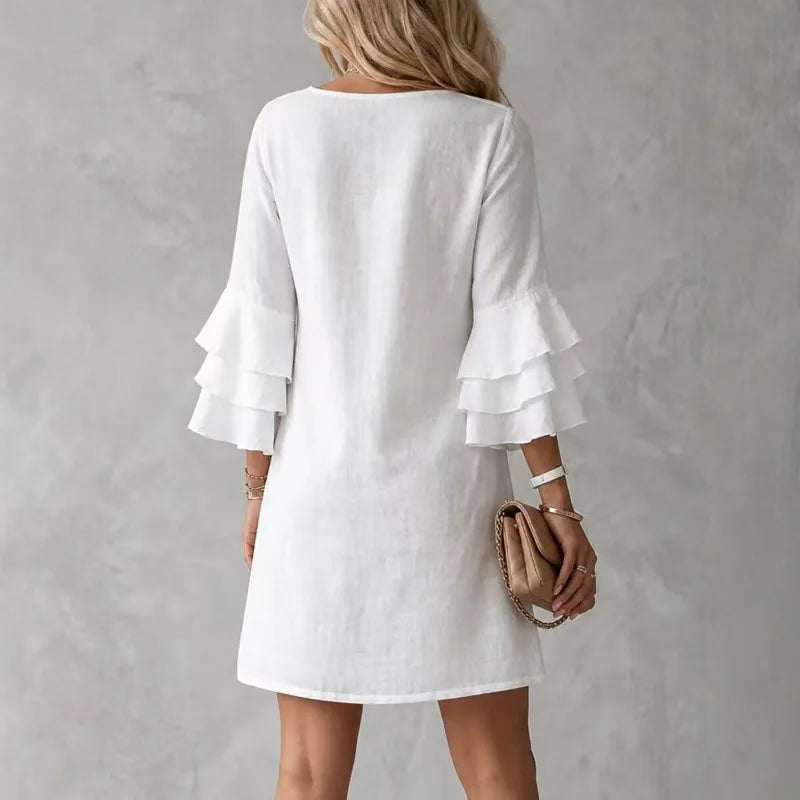 Women's Ruffle Sleeve Mini Dress with V-Neck & Linen Texture — Ariana