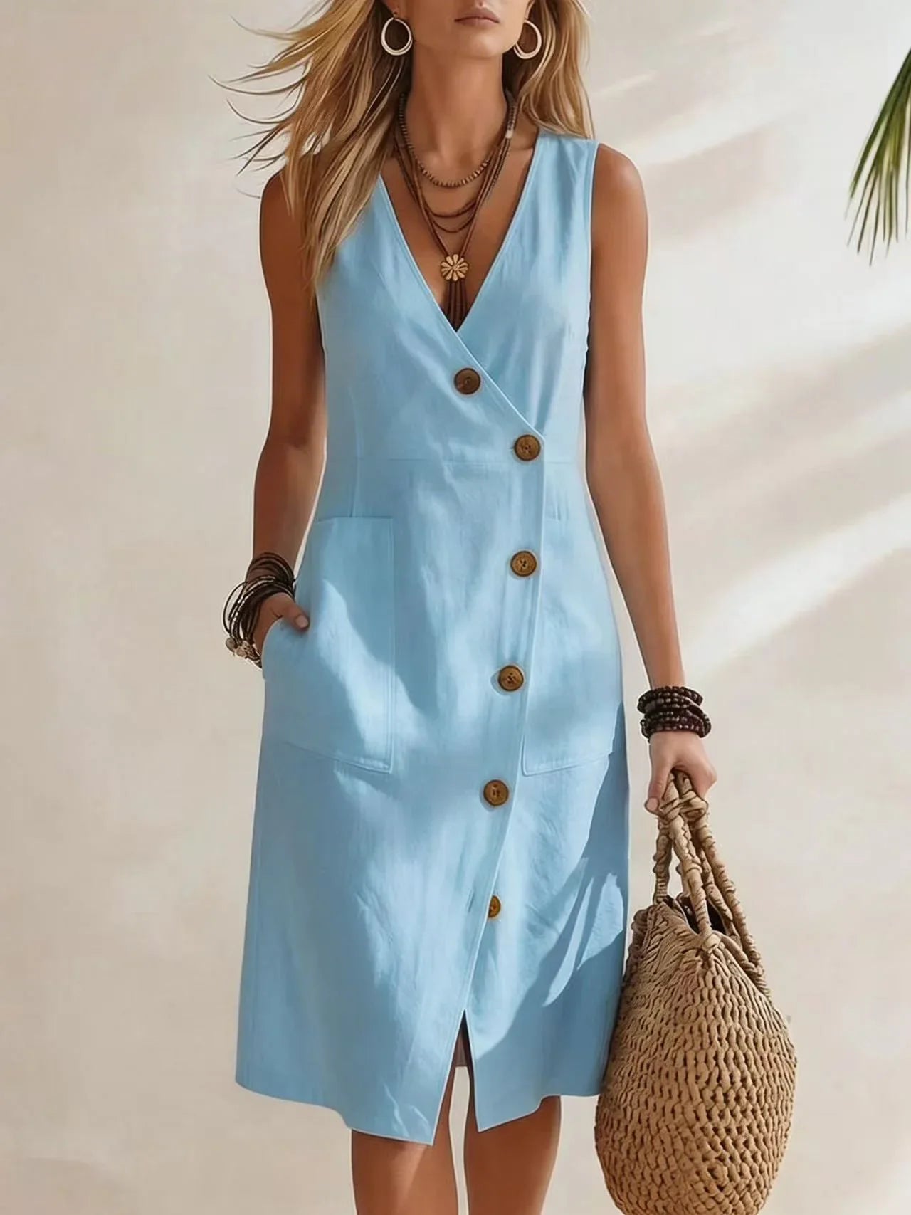 Light Blue Women's Button-Front Wrap Midi Dress — Jade Lightweight Pocket Casual