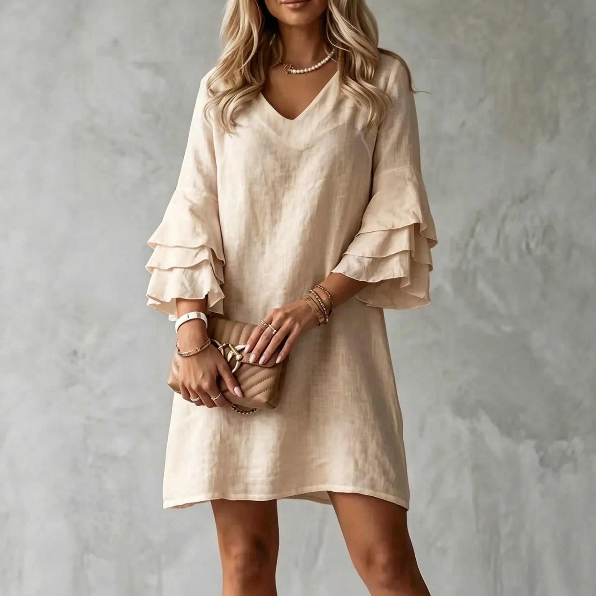 Women's Ruffle Sleeve Mini Dress with V-Neck & Linen Texture — Ariana