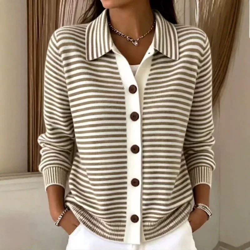 Women's Striped Knit Cardigan with Button-Front Collar & Relaxed Fit — Nellie