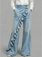Light Blue Women's Wide Leg Ruffle Jeans — Margot Stretch High-Waisted Wrap-Front