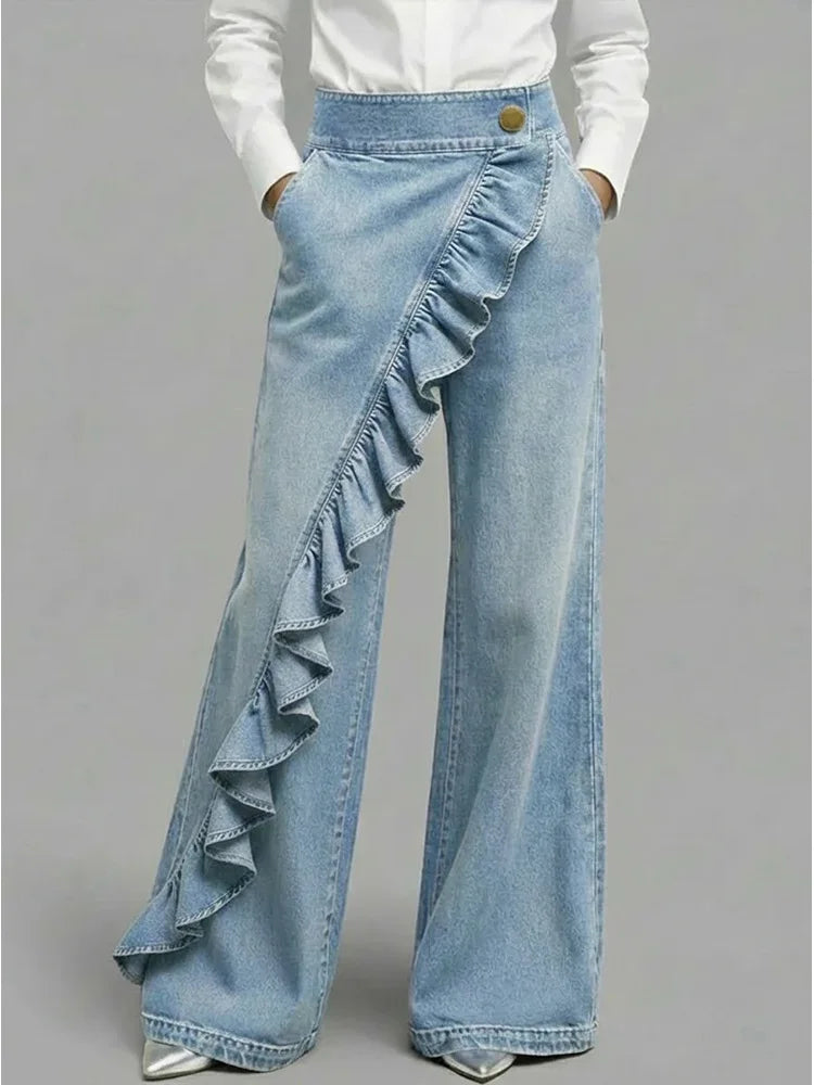 Light Blue Women's Wide Leg Ruffle Jeans — Margot Stretch High-Waisted Wrap-Front