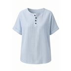 Sky Blue Women's Striped Henley Top — Celia Relaxed-Fit Button-Placket Short Sleeve