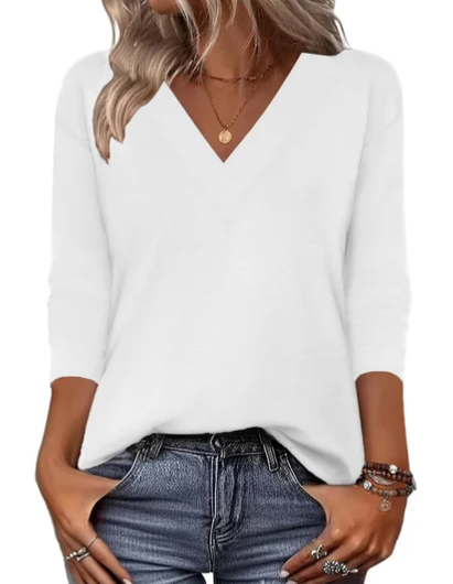 White 2 Women's V-Neck Tunic Tops — Alexis Relaxed-Fit Three-Quarter Sleeve Floral
