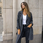 Mid Grey Women's Winter Jacket with Wide Lapels & Longline Front-Button Design