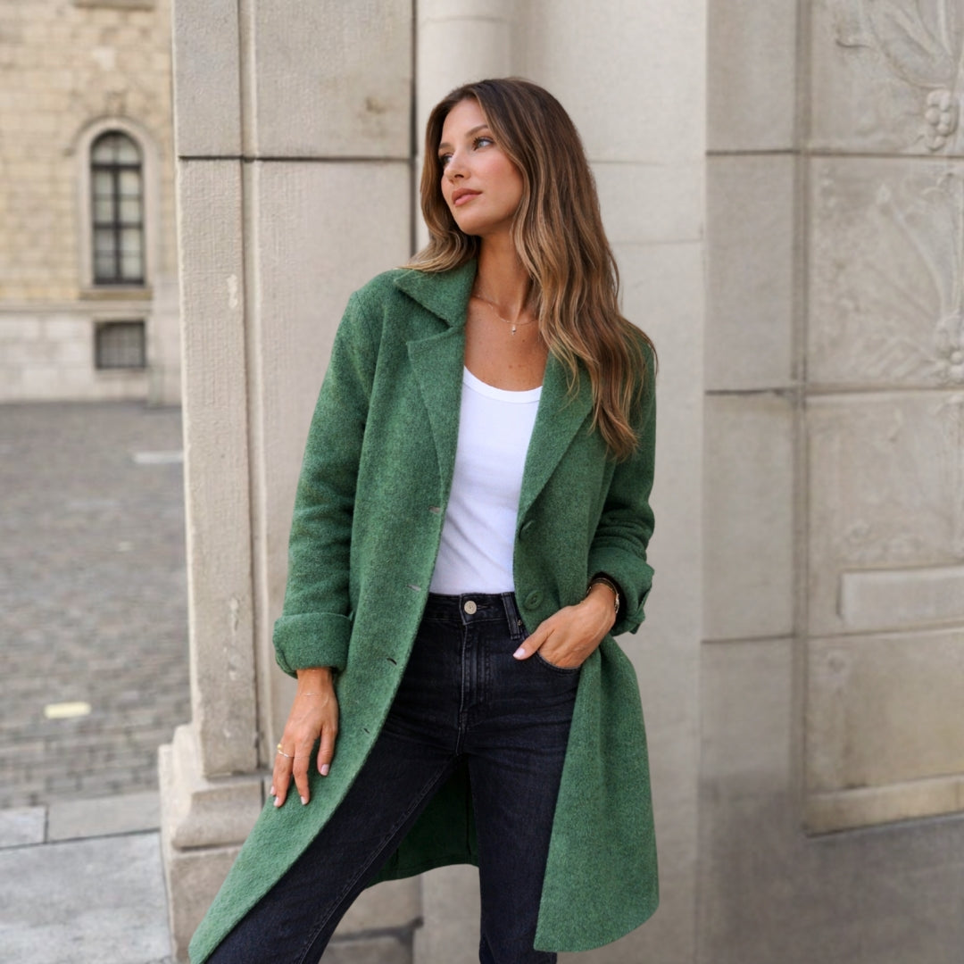 Green Women's Winter Jacket with Wide Lapels & Longline Front-Button Design