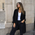 Black Women's Winter Jacket with Wide Lapels & Longline Front-Button Design