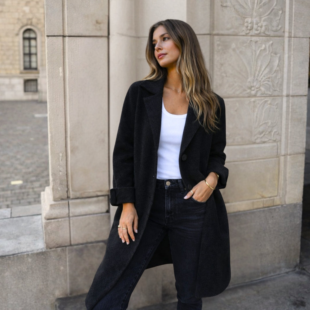 Black Women's Winter Jacket with Wide Lapels & Longline Front-Button Design