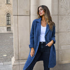 Blue Women's Winter Jacket with Wide Lapels & Longline Front-Button Design