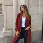 Red Women's Winter Jacket with Wide Lapels & Longline Front-Button Design