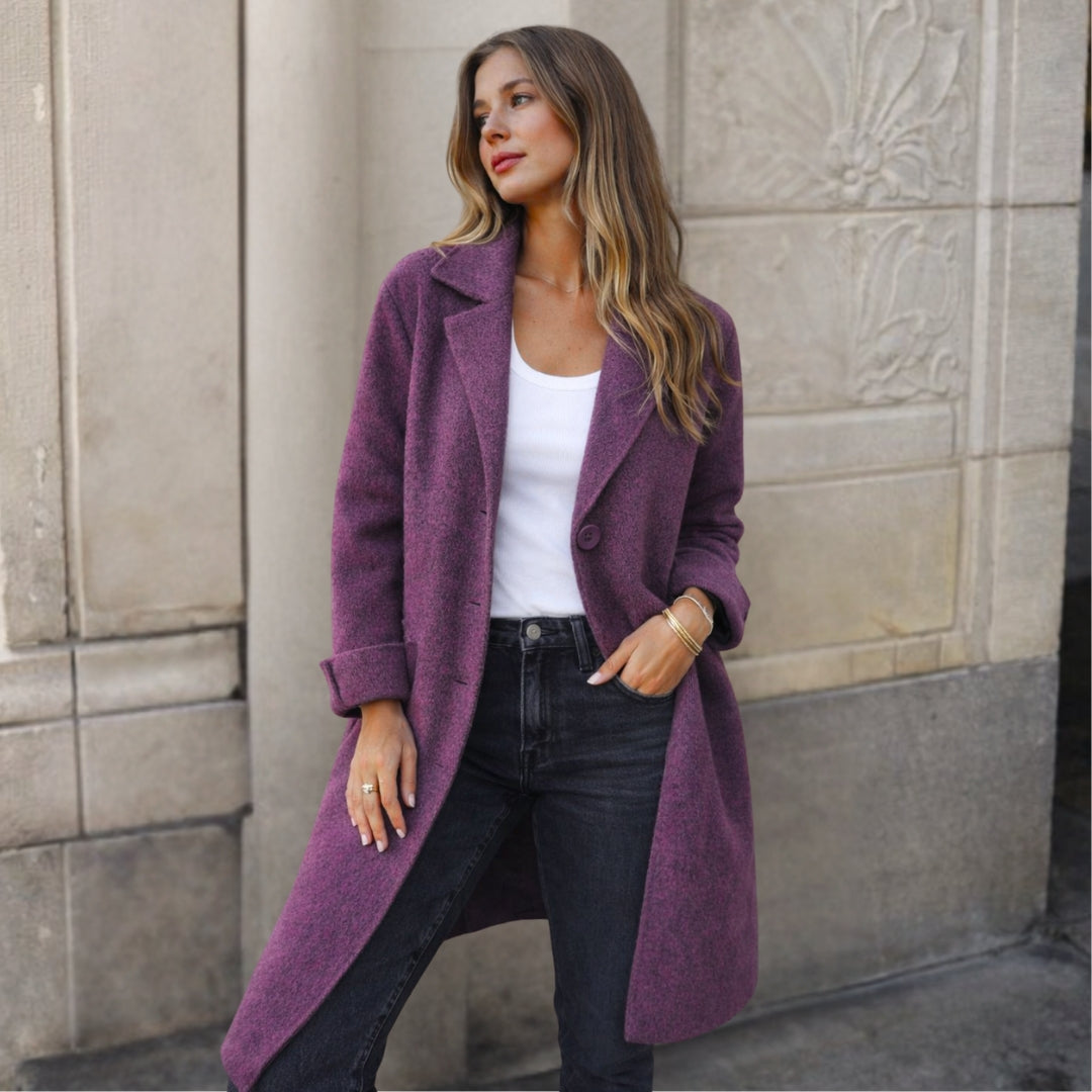 Purple Women's Winter Jacket with Wide Lapels & Longline Front-Button Design