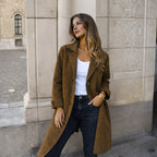 Brown Women's Winter Jacket with Wide Lapels & Longline Front-Button Design