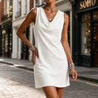 Women's Sleeveless Cowl Neck Mini Dress — Hazel Pocketed Slim-Fit Shift