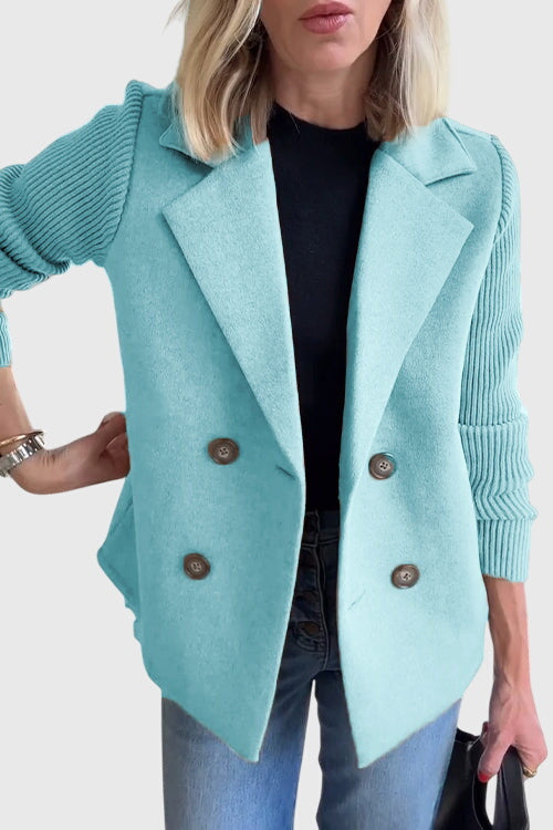 Light Blue Women's Contrast-Sleeve Blazers — Emily Double-Breasted Knit-Sleeve Tailored