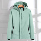 Green Women's Rain Jacket With Hood — Lottie Adjustable Fit Waterproof Windproof - Front Hanging