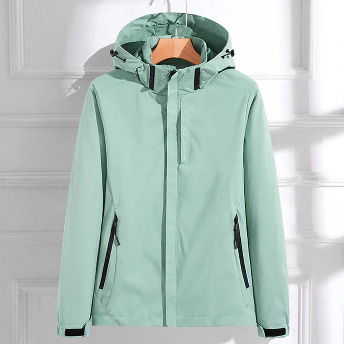 Green Women's Rain Jacket With Hood — Lottie Adjustable Fit Waterproof Windproof - Front Hanging