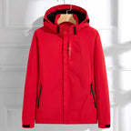 Red Women's Rain Jacket With Hood — Lottie Adjustable Fit Waterproof Windproof - Front Full