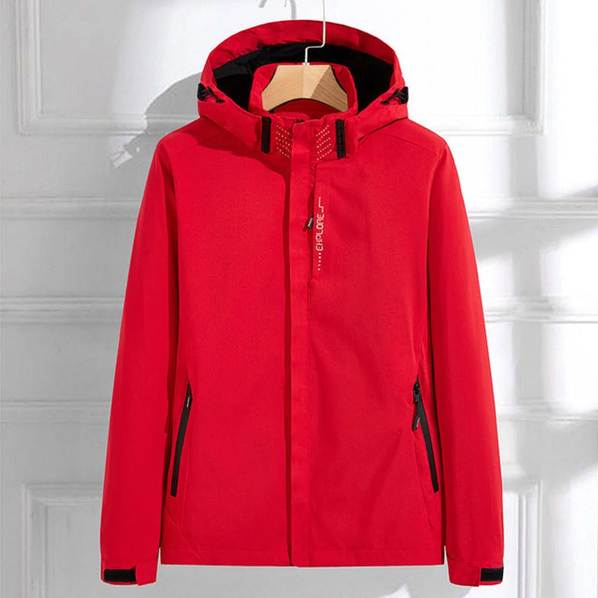 Red Women's Rain Jacket With Hood — Lottie Adjustable Fit Waterproof Windproof - Front Full