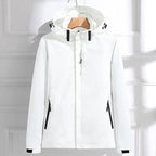 White Women's Rain Jacket With Hood — Lottie Adjustable Fit Waterproof Windproof - Front Studio