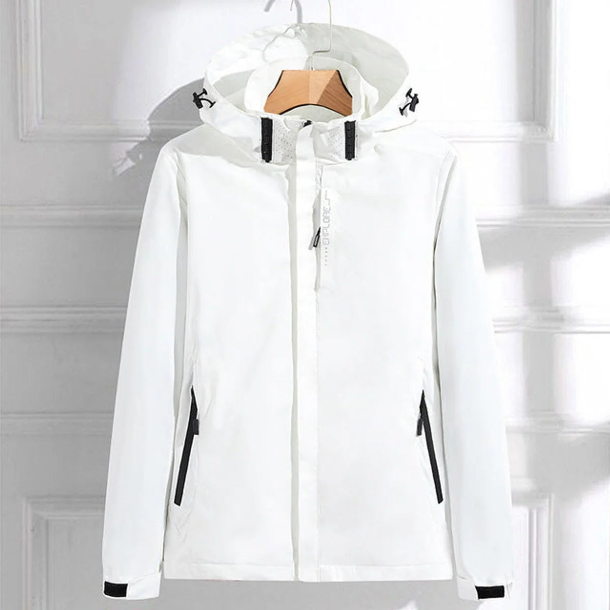 White Women's Rain Jacket With Hood — Lottie Adjustable Fit Waterproof Windproof - Front Studio