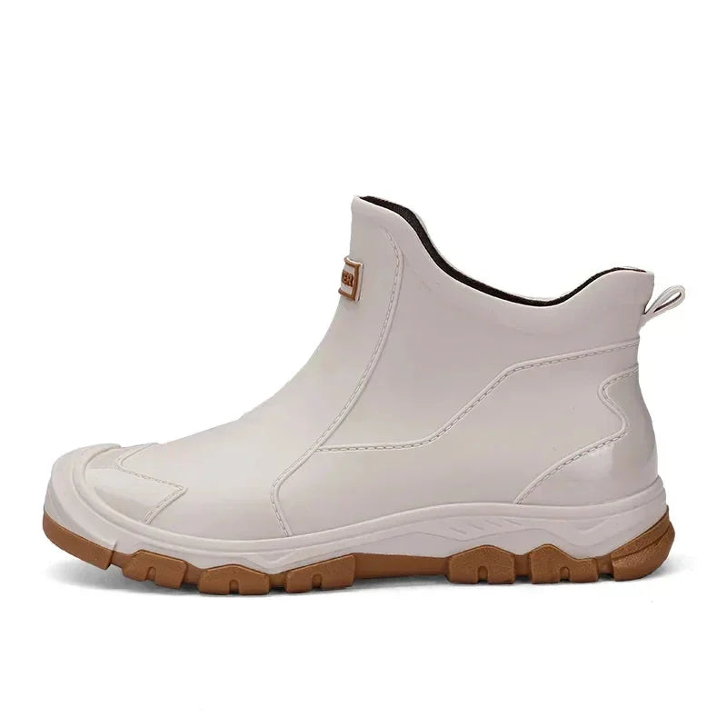 Beige Women's Ankle Rain Boots — Ivy Cushioned Waterproof Slip-On - Studio Side Profile Tan Sole