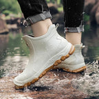 Beige Women's Ankle Rain Boots — Ivy Cushioned Waterproof Slip-On - Worn Lifestyle Walking