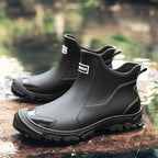Black Women's Ankle Rain Boots — Ivy Cushioned Waterproof Slip-On - Front Pair Outdoor