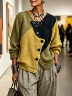 Yellow Women's Color Block Sweater with Asymmetric Buttons & Relaxed Fit - Front Full Lifestyle
