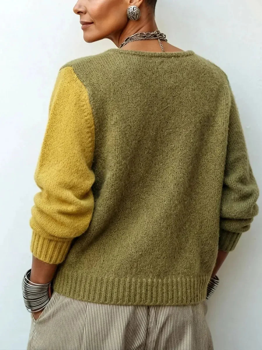 Yellow Women's Color Block Sweater with Asymmetric Buttons & Relaxed Fit - Back Detail
