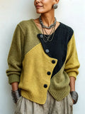 Yellow Women's Color Block Sweater with Asymmetric Buttons & Relaxed Fit