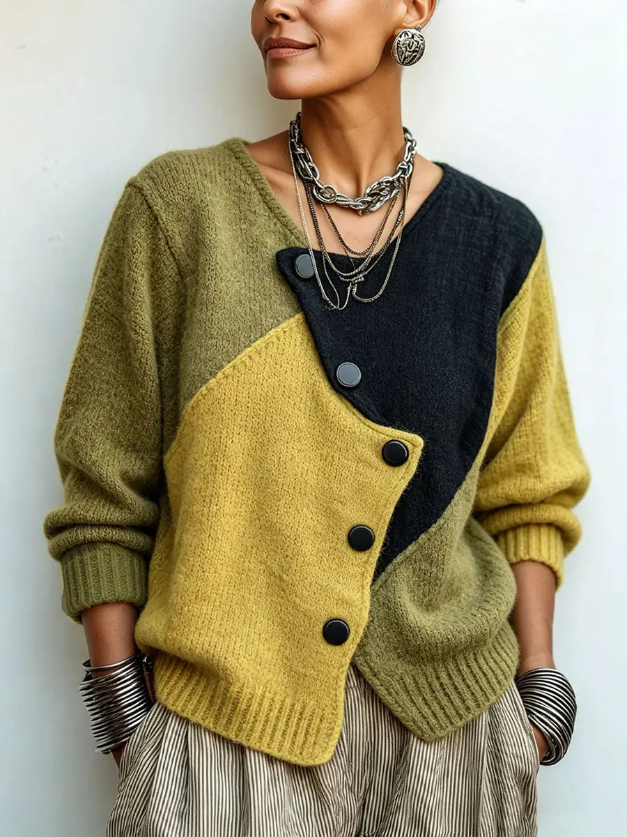Yellow Women's Color Block Sweater with Asymmetric Buttons & Relaxed Fit