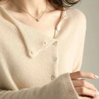 Beige Women's Asymmetric Button Up Cardigan — Francesca Knit Relaxed Long Sleeve - Close Up Buttons