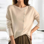 Beige Women's Asymmetric Button Up Cardigan — Francesca Knit Relaxed Long Sleeve - Worn Lifestyle
