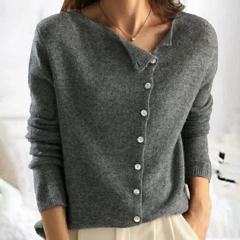 Gray Women's Asymmetric Button Up Cardigan — Francesca Knit Relaxed Long Sleeve - Front Full