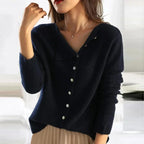 Navy Women's Asymmetric Button Up Cardigan — Francesca Knit Relaxed Long Sleeve - Model Pose