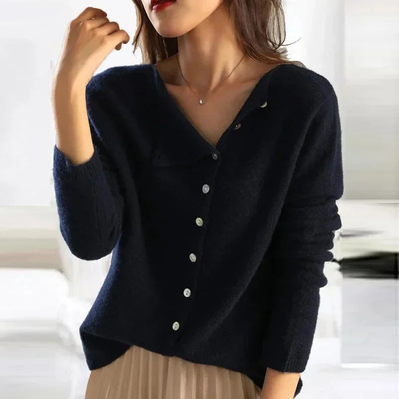 Navy Women's Asymmetric Button Up Cardigan — Francesca Knit Relaxed Long Sleeve - Model Pose