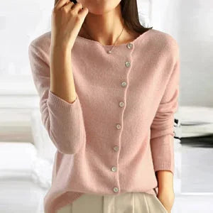 Pink Women's Asymmetric Button Up Cardigan — Francesca Knit Relaxed Long Sleeve - Close Up Portrait