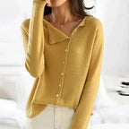 Yellow Women's Asymmetric Button Up Cardigan — Francesca Knit Relaxed Long Sleeve - Side Pose