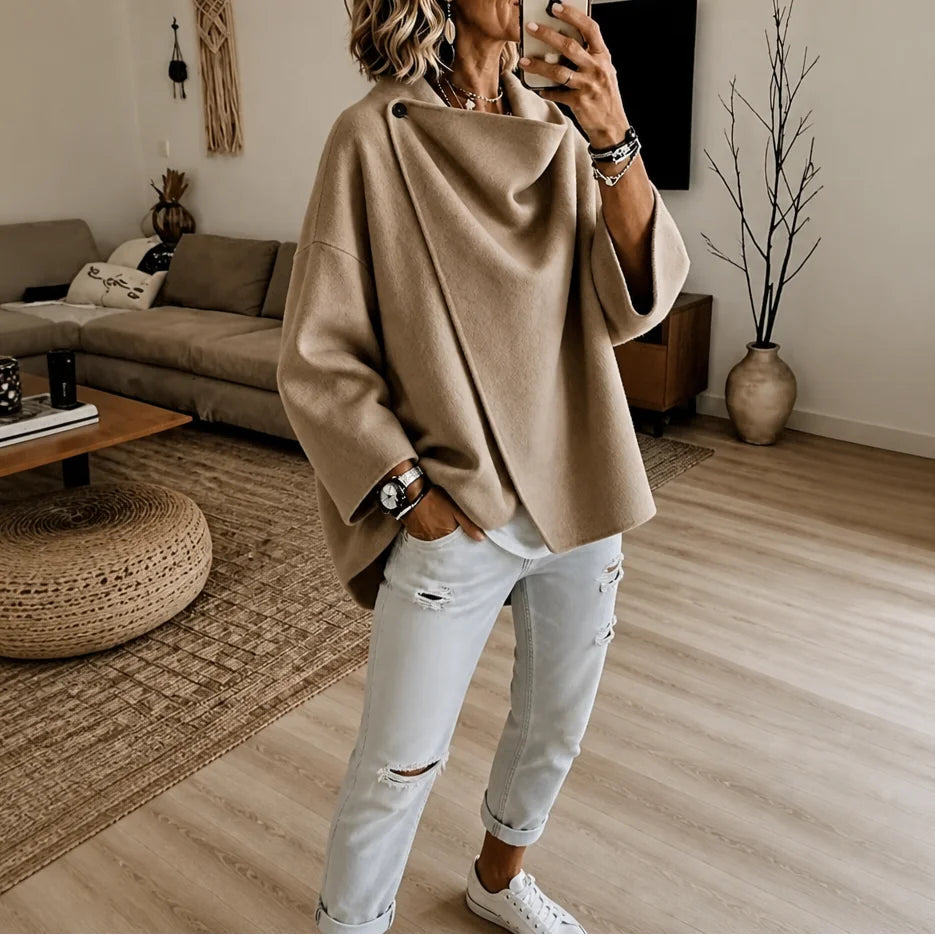 Camel Women's Cape Jacket with Asymmetric Button Collar & Relaxed Drape
