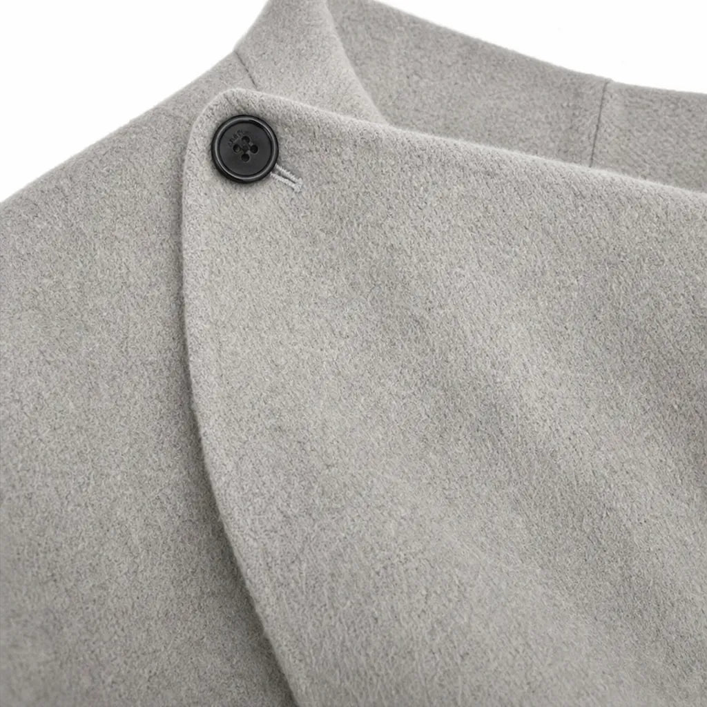 Women's Cape Jacket with Asymmetric Button Collar & Relaxed Drape - Collar Button Detail
