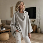 Women's Cape Jacket with Asymmetric Button Collar & Relaxed Drape - Front Full Worn