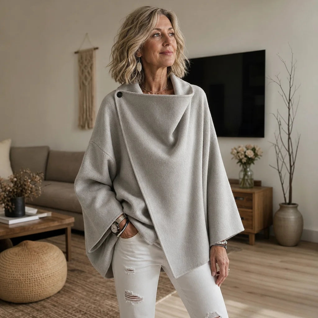 Women's Cape Jacket with Asymmetric Button Collar & Relaxed Drape - Front Full Worn