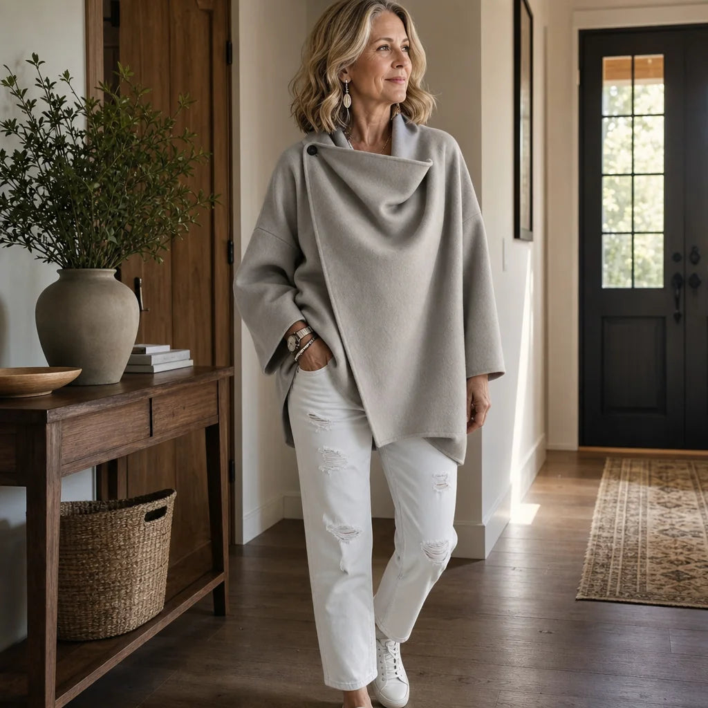 Women's Cape Jacket with Asymmetric Button Collar & Relaxed Drape - Walking Hallway