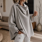 Grey Women's Cape Jacket with Asymmetric Button Collar & Relaxed Drape