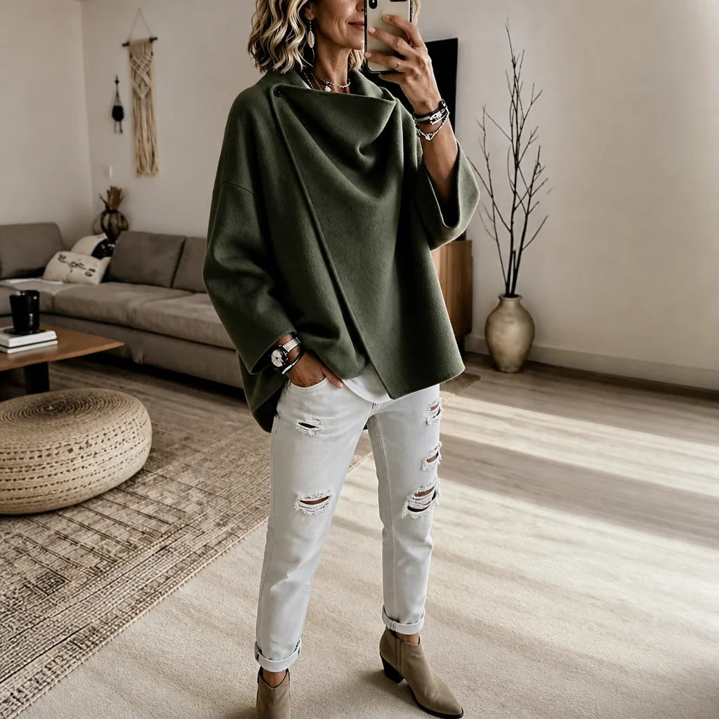 Olive Green Women's Cape Jacket with Asymmetric Button Collar & Relaxed Drape