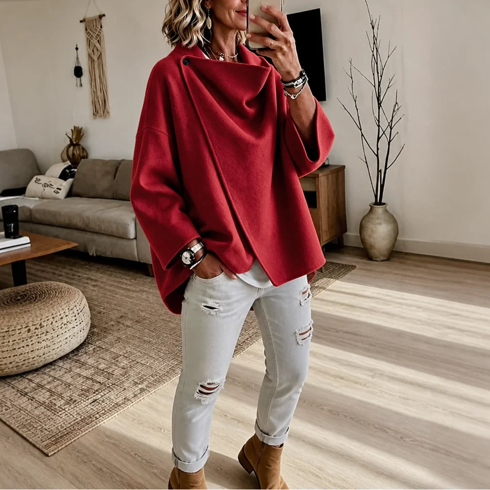 Red Women's Cape Jacket with Asymmetric Button Collar & Relaxed Drape