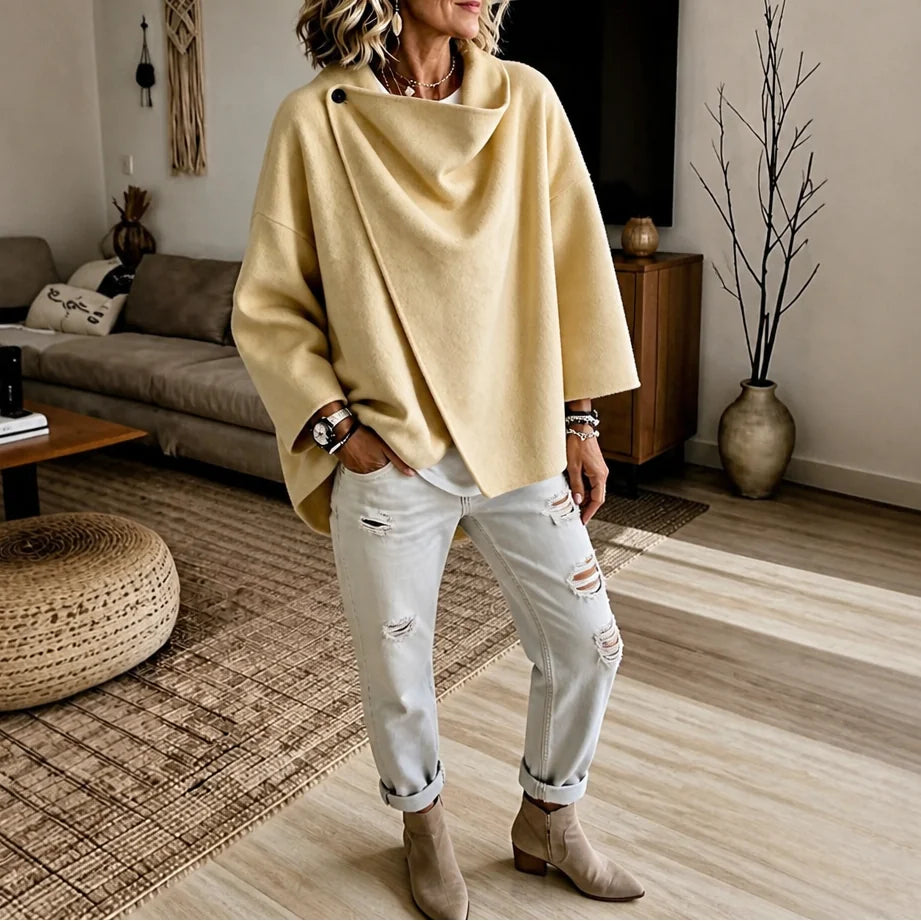 Yellow Women's Cape Jacket with Asymmetric Button Collar & Relaxed Drape