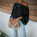 Black Women's Satin Blouse with Asymmetric Off-Shoulder Neckline & Batwing Sleeves - Front Lifestyle