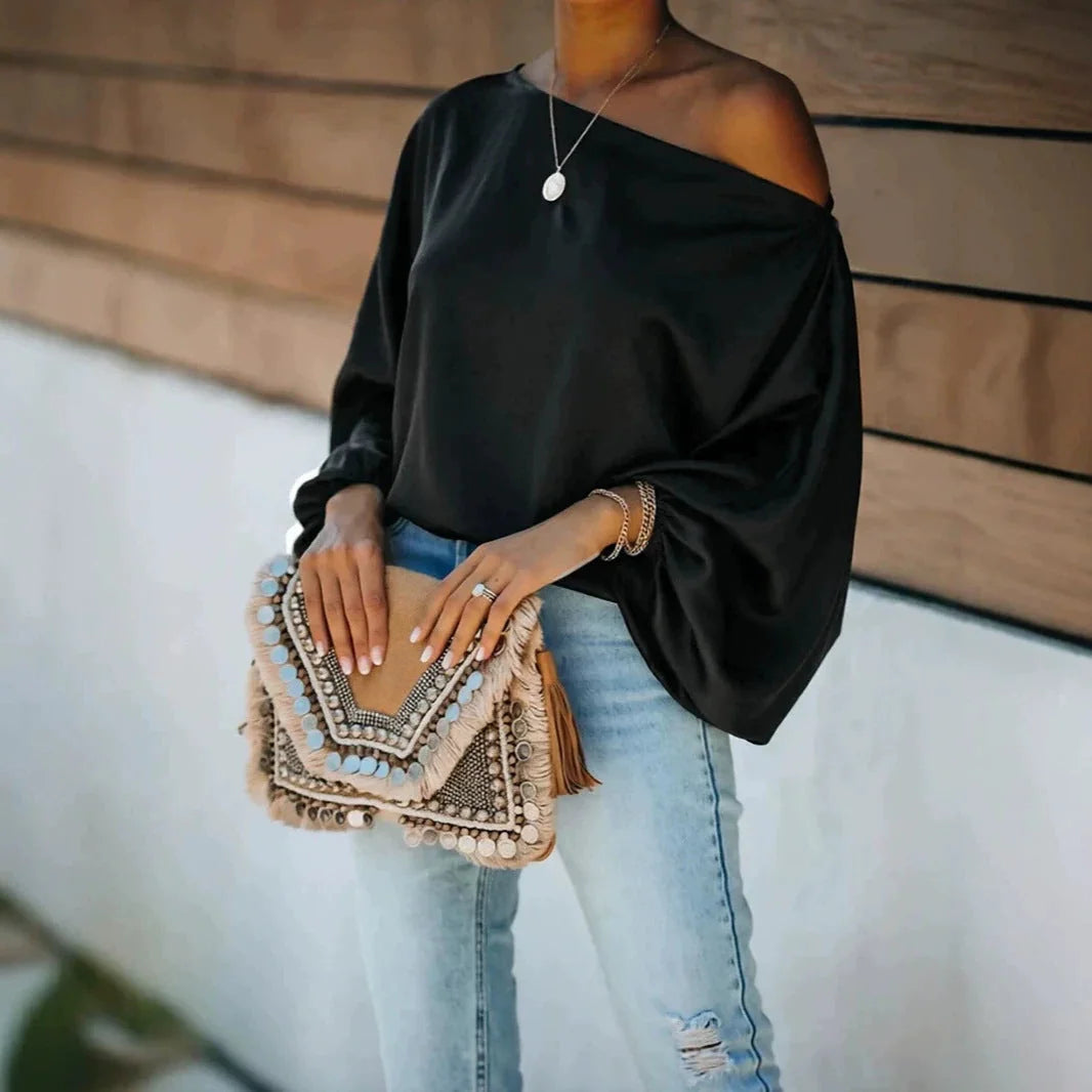 Black Women's Satin Blouse with Asymmetric Off-Shoulder Neckline & Batwing Sleeves - Front Lifestyle