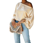 Women's Satin Blouse with Asymmetric Off-Shoulder Neckline & Batwing Sleeves - Studio White